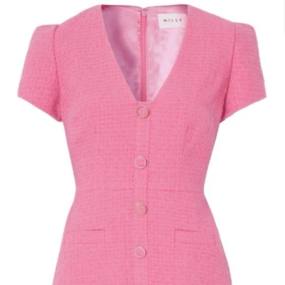 MILLY Genevie Pink Bouclé V Neck Dress  NWOT - Picture 13 of 13